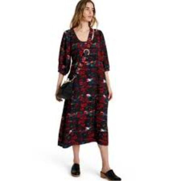 Rachel Comey Target Kodak Red Floral Black Midi Dress 3/4 Balloon Sleeves Size 4 - Picture 1 of 8